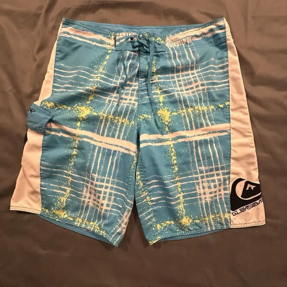 Vintage Y2K Quicksilver Board Shorts Mens 36 Plaid Embroidery Logo Swim Blue